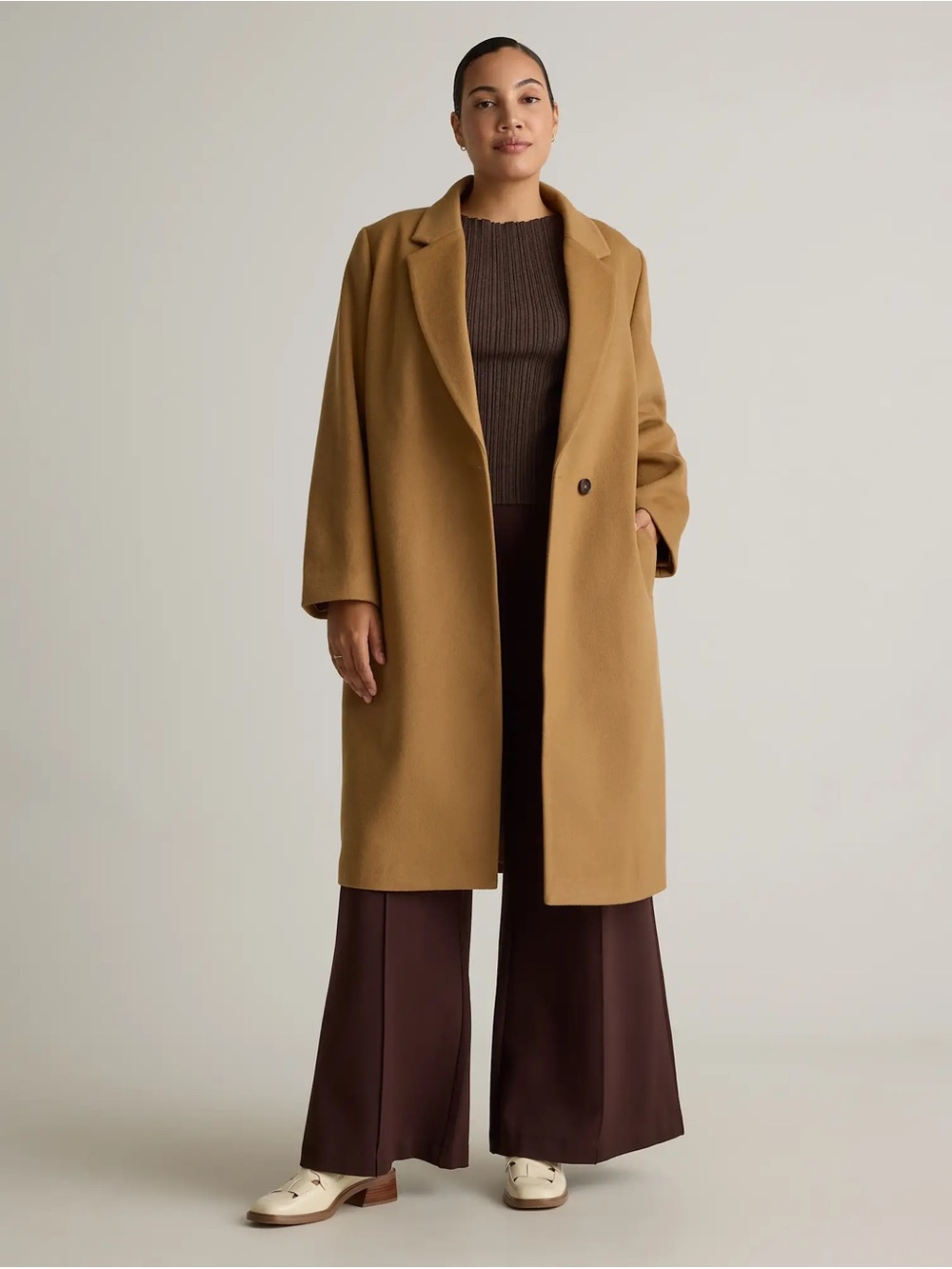 NWT Quince Caramel Tan Italian Classic Single Breasted Wool Coat Size M Medium
